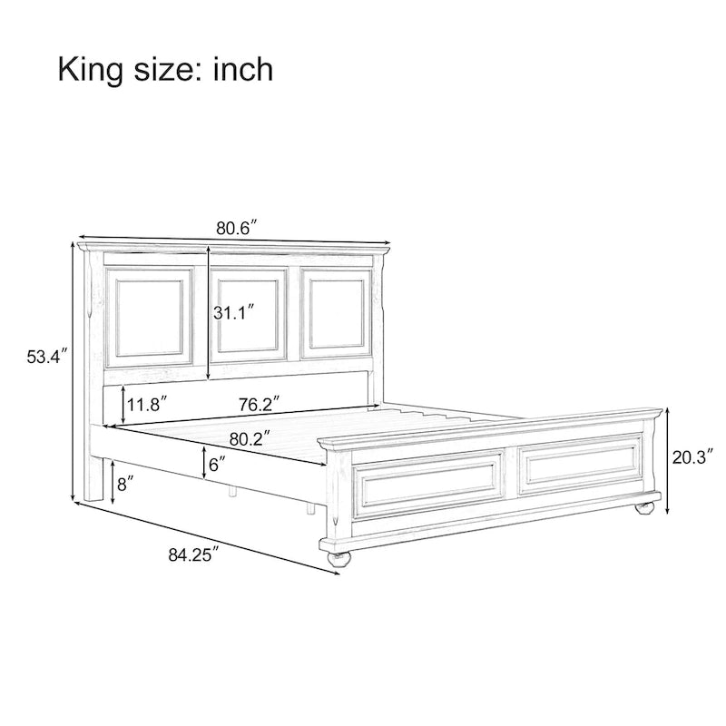 Lit traditionnel en pin White King avec tête et pied de lit décoratifs - Pour 2 personnes