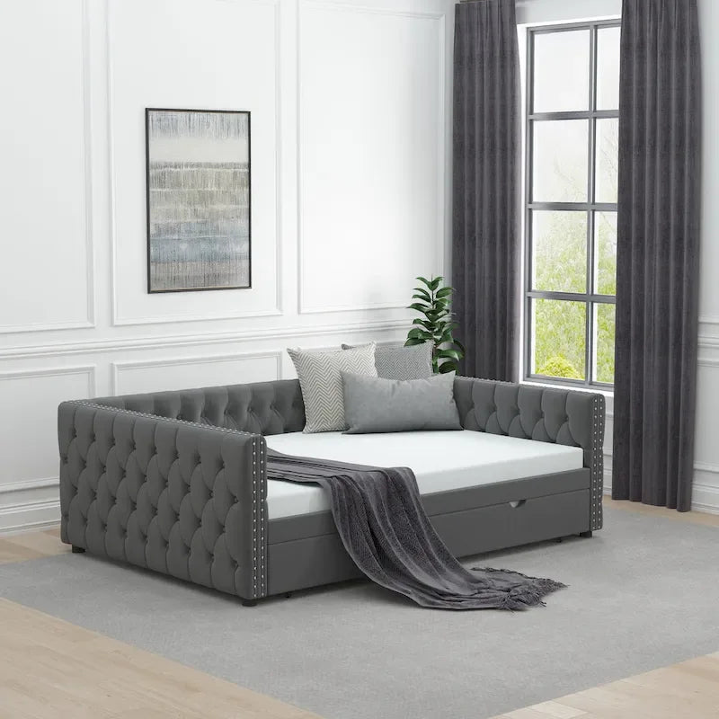 Lit de repos pleine grandeur en velours gris avec lit gigogne – Convient à 2 personnes