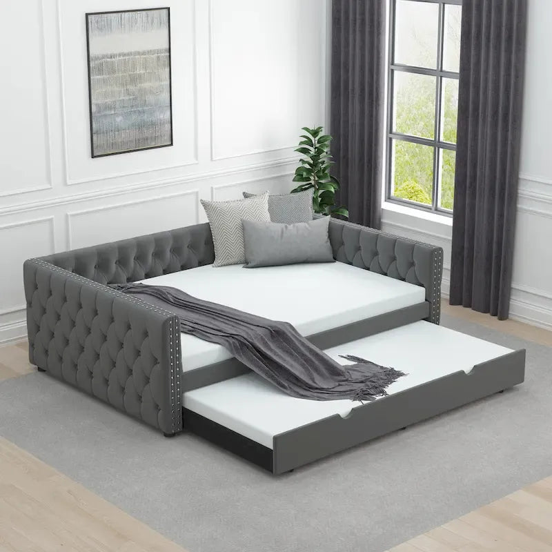 Lit de repos pleine grandeur en velours gris avec lit gigogne – Convient à 2 personnes