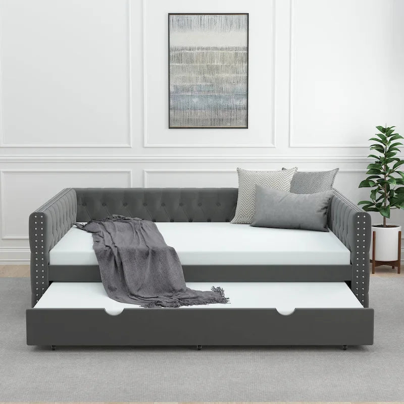 Lit de repos pleine grandeur en velours gris avec lit gigogne – Convient à 2 personnes