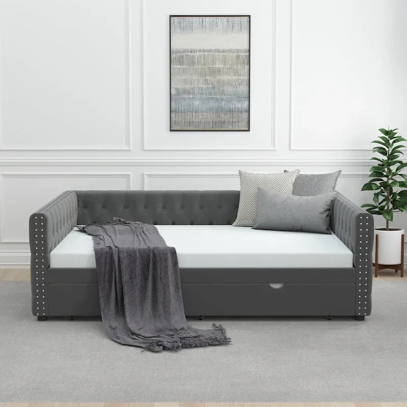 Lit de repos pleine grandeur en velours gris avec lit gigogne – Convient à 2 personnes
