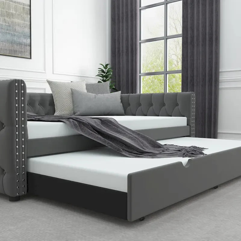 Lit de repos pleine grandeur en velours gris avec lit gigogne – Convient à 2 personnes