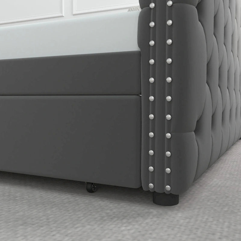Lit de repos pleine grandeur en velours gris avec lit gigogne – Convient à 2 personnes