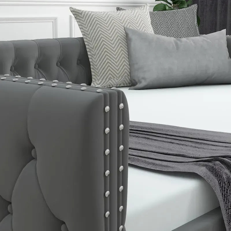 Lit de repos pleine grandeur en velours gris avec lit gigogne – Convient à 2 personnes