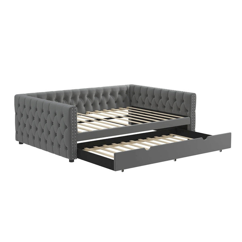 Lit de repos pleine grandeur en velours gris avec lit gigogne – Convient à 2 personnes