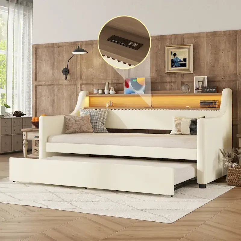 Lit de repos double blanc en similicuir avec lit gigogne, lumières LED et station de recharge - Convient pour 2 personnes