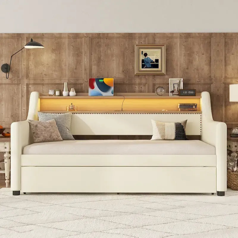 Lit de repos double blanc en similicuir avec lit gigogne, lumières LED et station de recharge - Convient pour 2 personnes