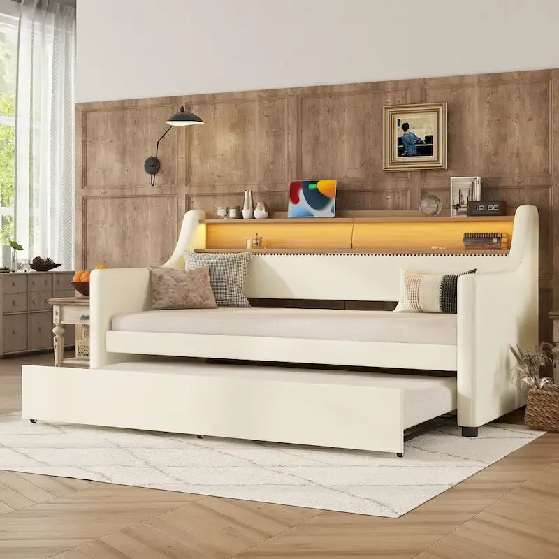 Lit de repos double blanc en similicuir avec lit gigogne, lumières LED et station de recharge - Convient pour 2 personnes