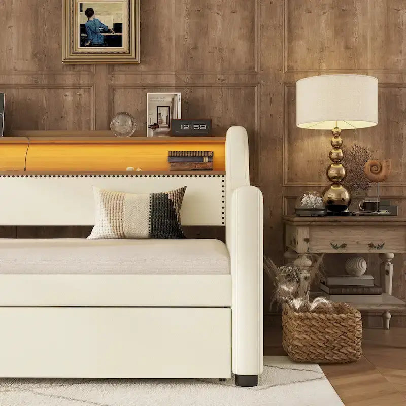 Lit de repos double blanc en similicuir avec lit gigogne, lumières LED et station de recharge - Convient pour 2 personnes
