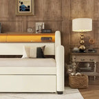 Lit de repos double blanc en similicuir avec lit gigogne, lumières LED et station de recharge - Convient pour 2 personnes