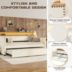 Lit de repos double blanc en similicuir avec lit gigogne, lumières LED et station de recharge - Convient pour 2 personnes