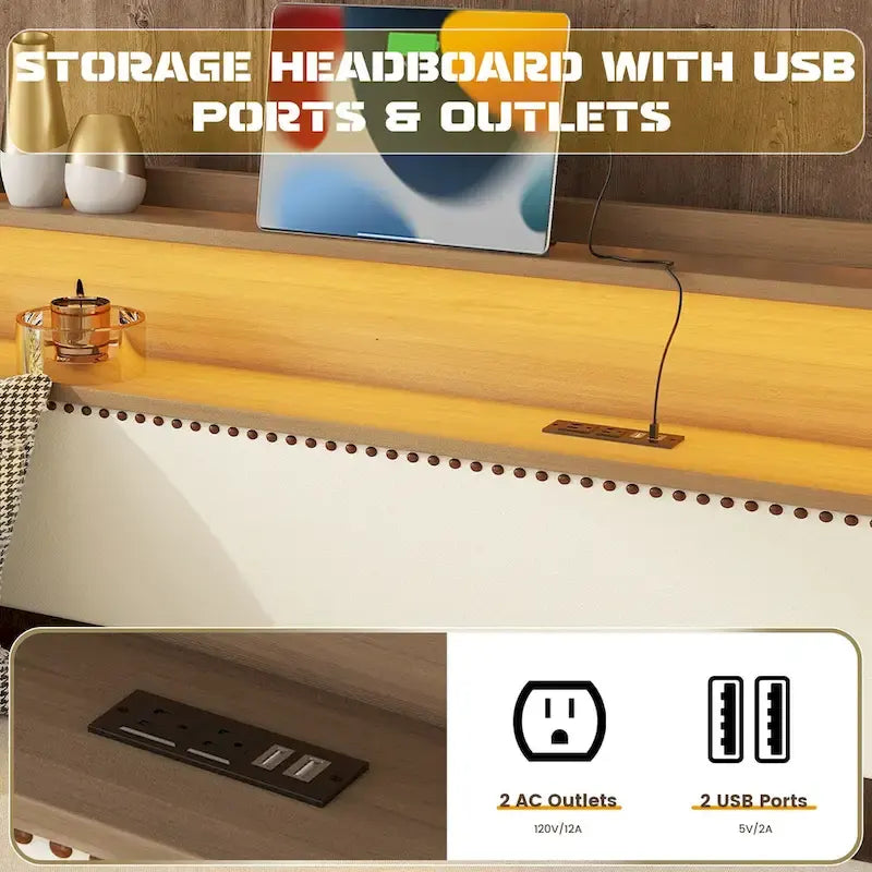 Lit de repos double blanc en similicuir avec lit gigogne, lumières LED et station de recharge - Convient pour 2 personnes