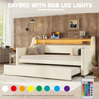 Lit de repos double blanc en similicuir avec lit gigogne, lumières LED et station de recharge - Convient pour 2 personnes