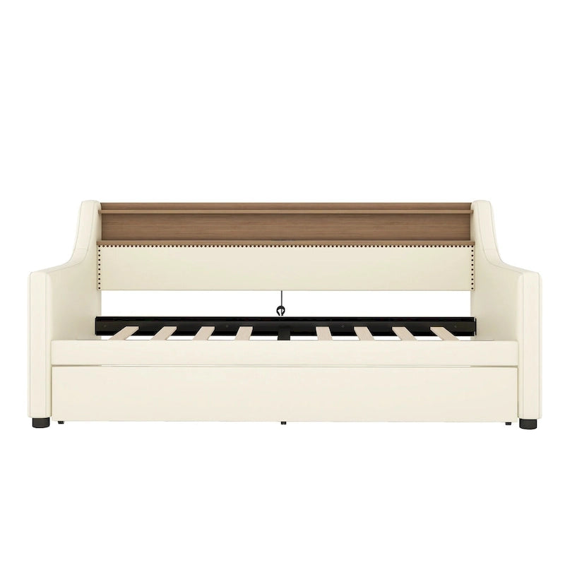Lit de repos double blanc en similicuir avec lit gigogne, lumières LED et station de recharge - Convient pour 2 personnes