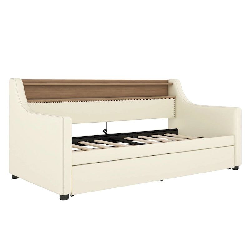 Lit de repos double blanc en similicuir avec lit gigogne, lumières LED et station de recharge - Convient pour 2 personnes