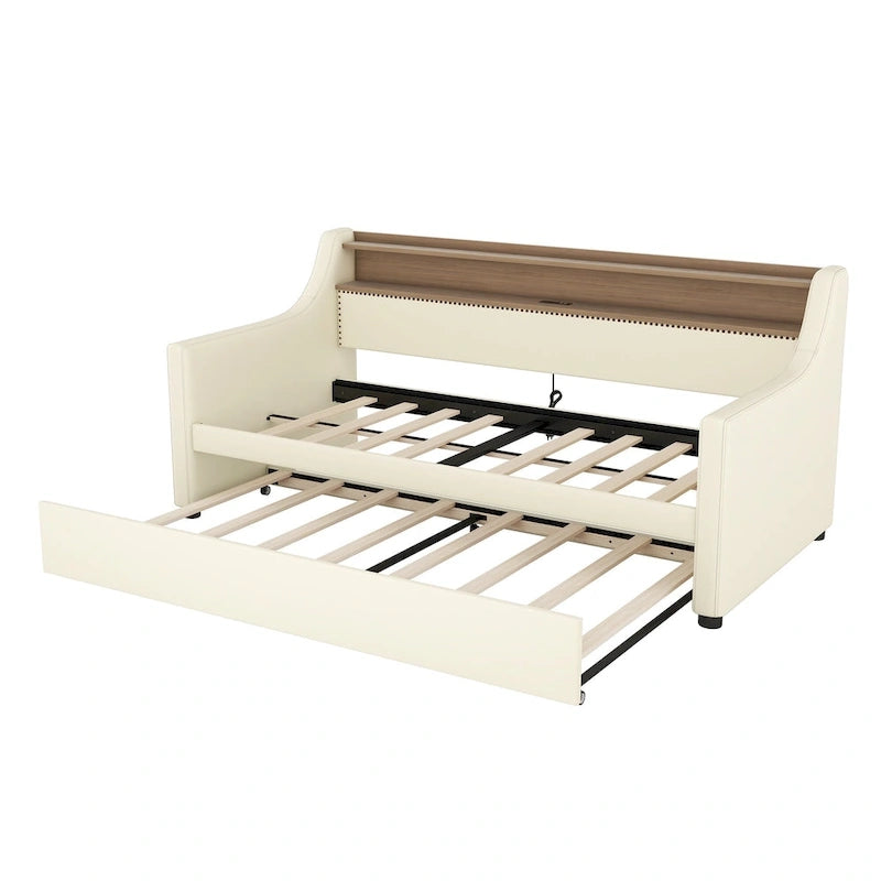 Lit de repos double blanc en similicuir avec lit gigogne, lumières LED et station de recharge - Convient pour 2 personnes