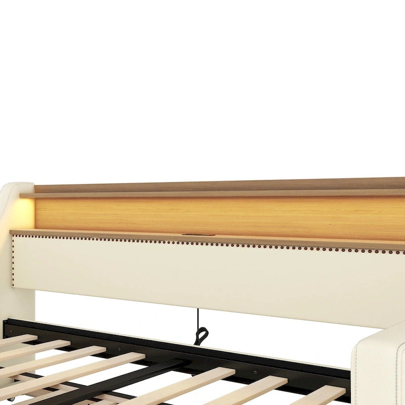 Lit de repos double blanc en similicuir avec lit gigogne, lumières LED et station de recharge - Convient pour 2 personnes