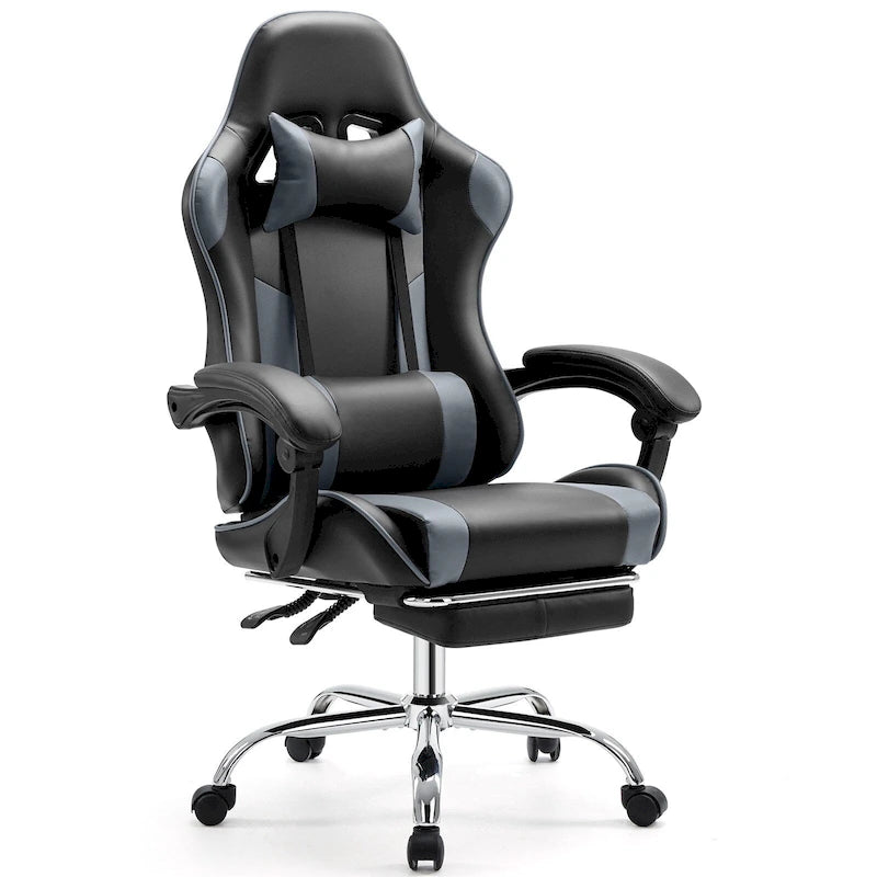 Fauteuil inclinable de jeu ergonomique en similicuir noir et gris avec repose-pieds et soutien lombaire - Usage unique