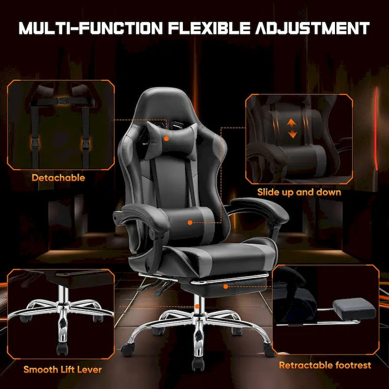 Fauteuil inclinable de jeu ergonomique en similicuir noir et gris avec repose-pieds et soutien lombaire - Usage unique
