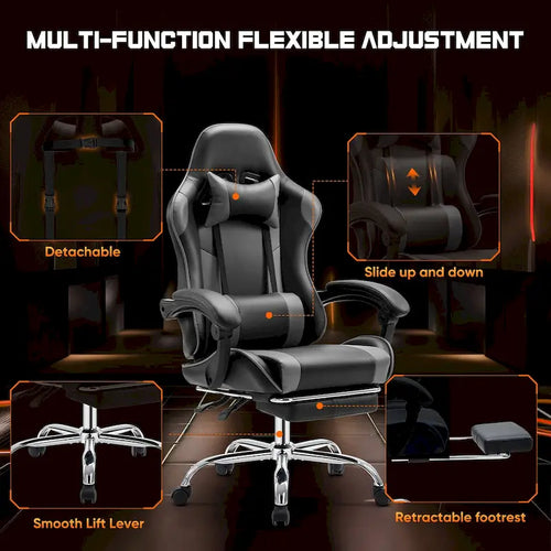 Fauteuil inclinable de jeu ergonomique en similicuir noir et gris avec repose-pieds et soutien lombaire - Usage unique