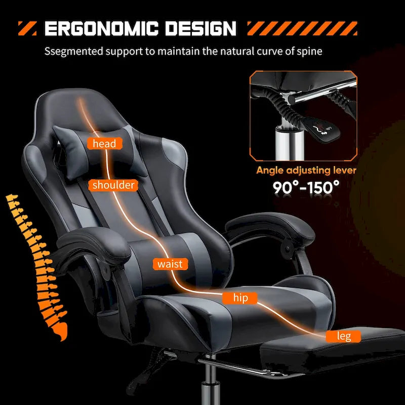 Fauteuil inclinable de jeu ergonomique en similicuir noir et gris avec repose-pieds et soutien lombaire - Usage unique