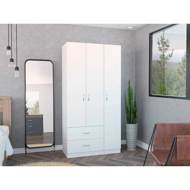 Armoire de rangement moderne à trois portes blanche/beige avec tringle à vêtements - Usage unique