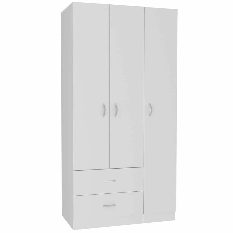 Armoire de rangement moderne à trois portes blanche/beige avec tringle à vêtements - Usage unique