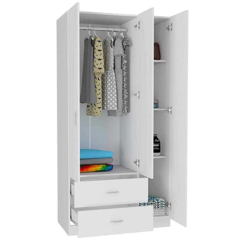 Armoire de rangement moderne à trois portes blanche/beige avec tringle à vêtements - Usage unique