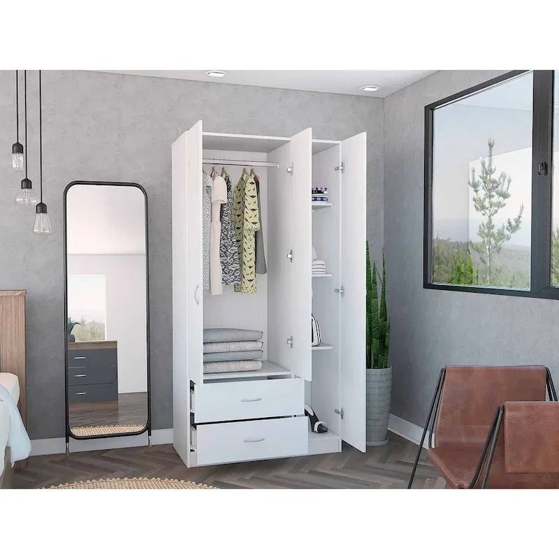 Armoire de rangement moderne à trois portes blanche/beige avec tringle à vêtements - Usage unique
