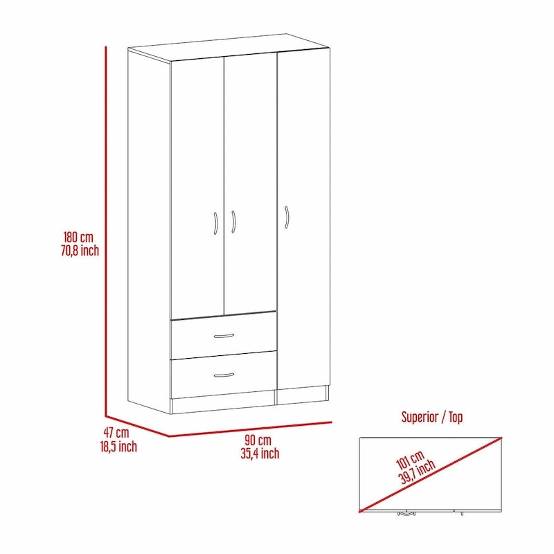 Armoire de rangement moderne à trois portes blanche/beige avec tringle à vêtements - Usage unique