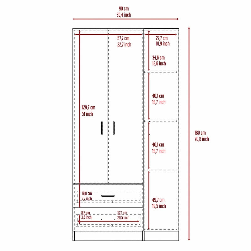 Armoire de rangement moderne à trois portes blanche/beige avec tringle à vêtements - Usage unique