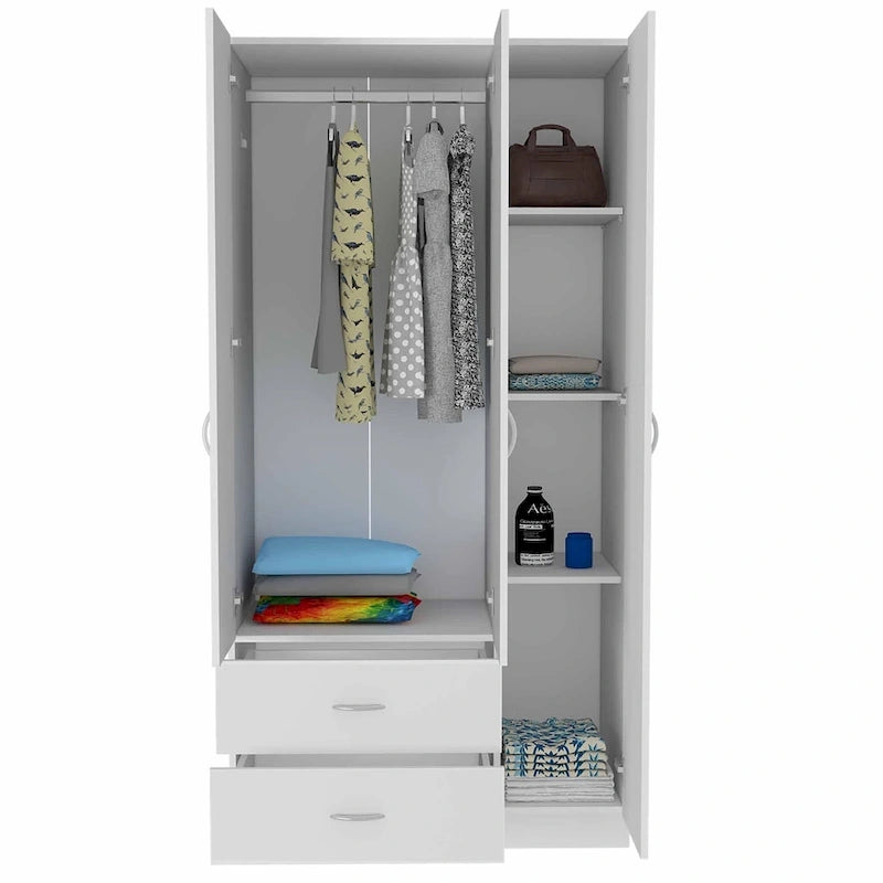 Armoire de rangement moderne à trois portes blanche/beige avec tringle à vêtements - Usage unique