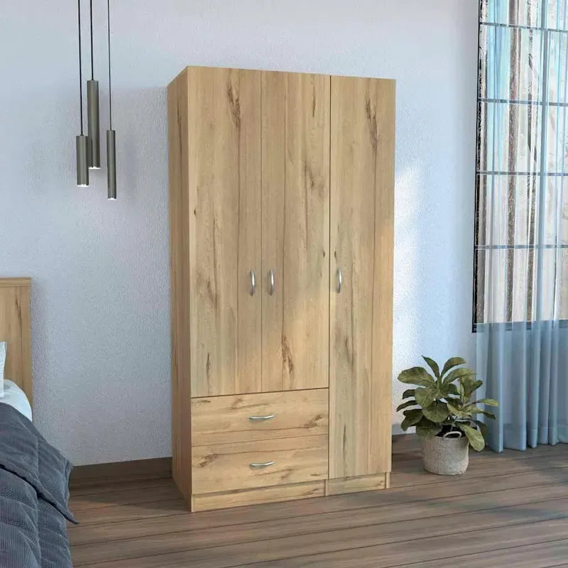 Armoire de rangement moderne à trois portes blanche/beige avec tringle à vêtements - Usage unique