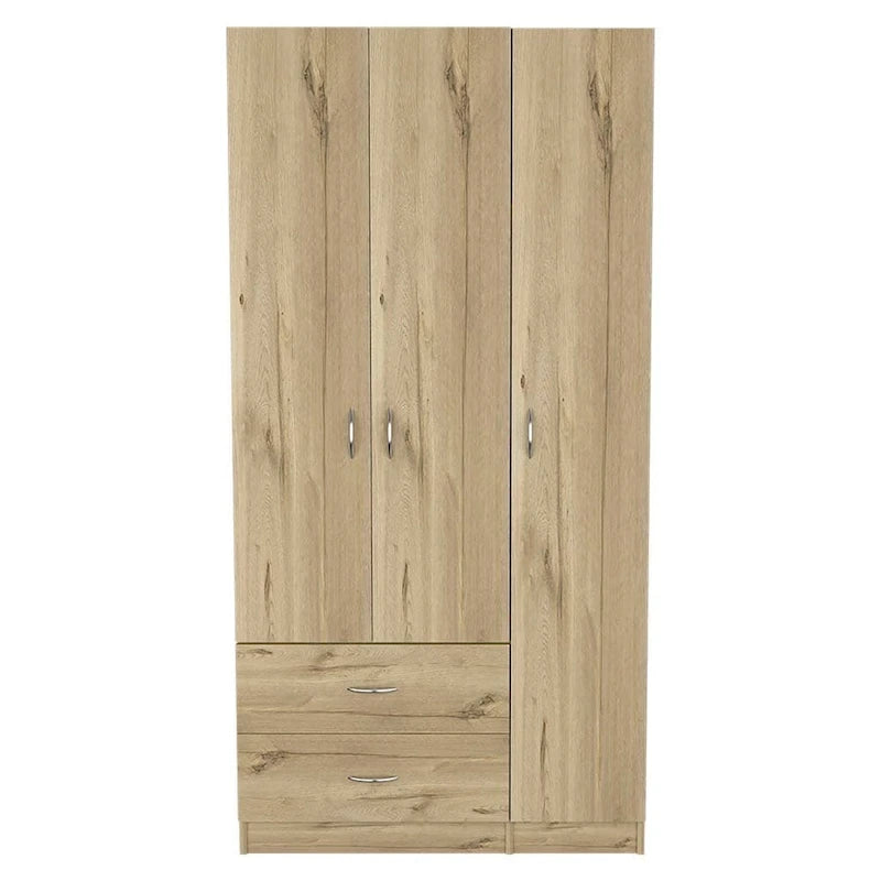 Armoire de rangement moderne à trois portes blanche/beige avec tringle à vêtements - Usage unique