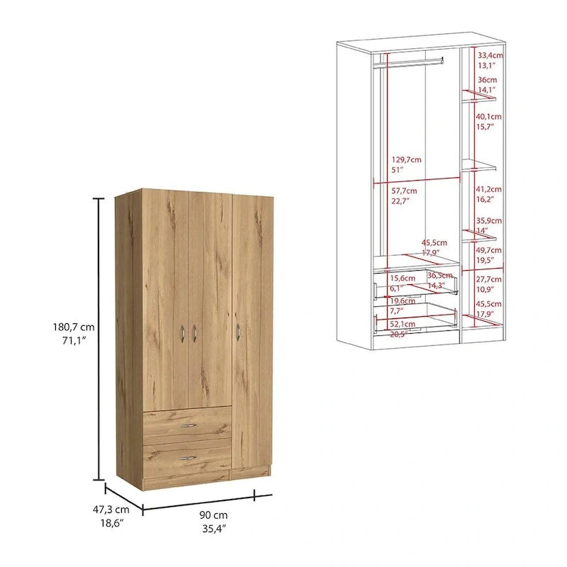 Armoire de rangement moderne à trois portes blanche/beige avec tringle à vêtements - Usage unique