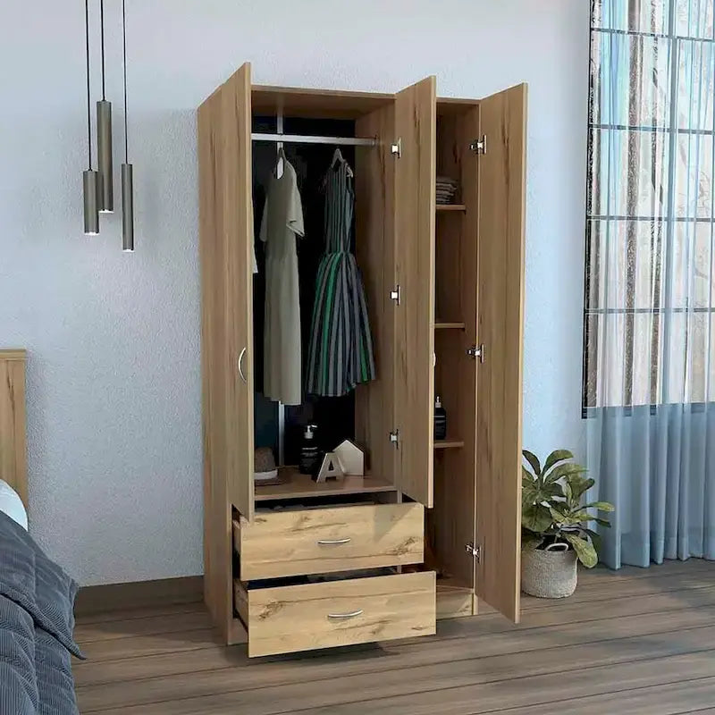 Armoire de rangement moderne à trois portes blanche/beige avec tringle à vêtements - Usage unique