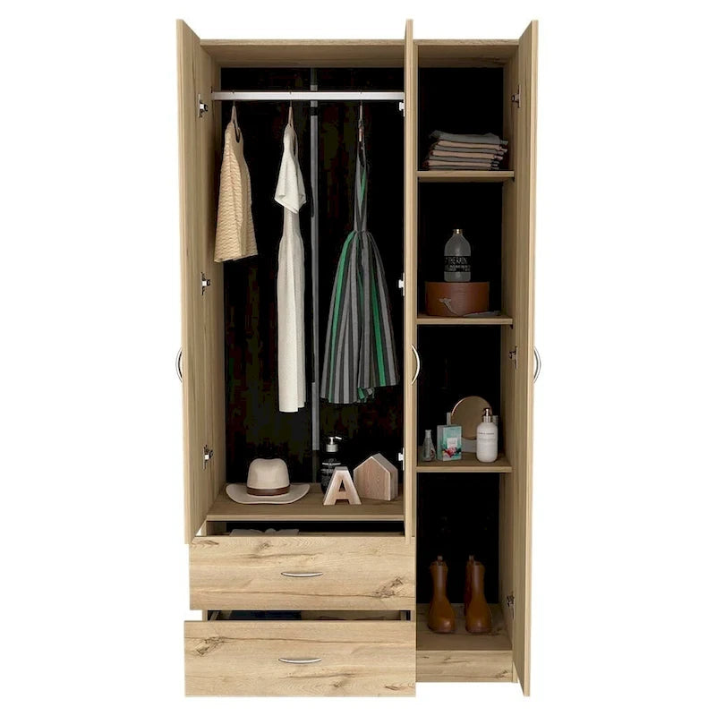 Armoire de rangement moderne à trois portes blanche/beige avec tringle à vêtements - Usage unique