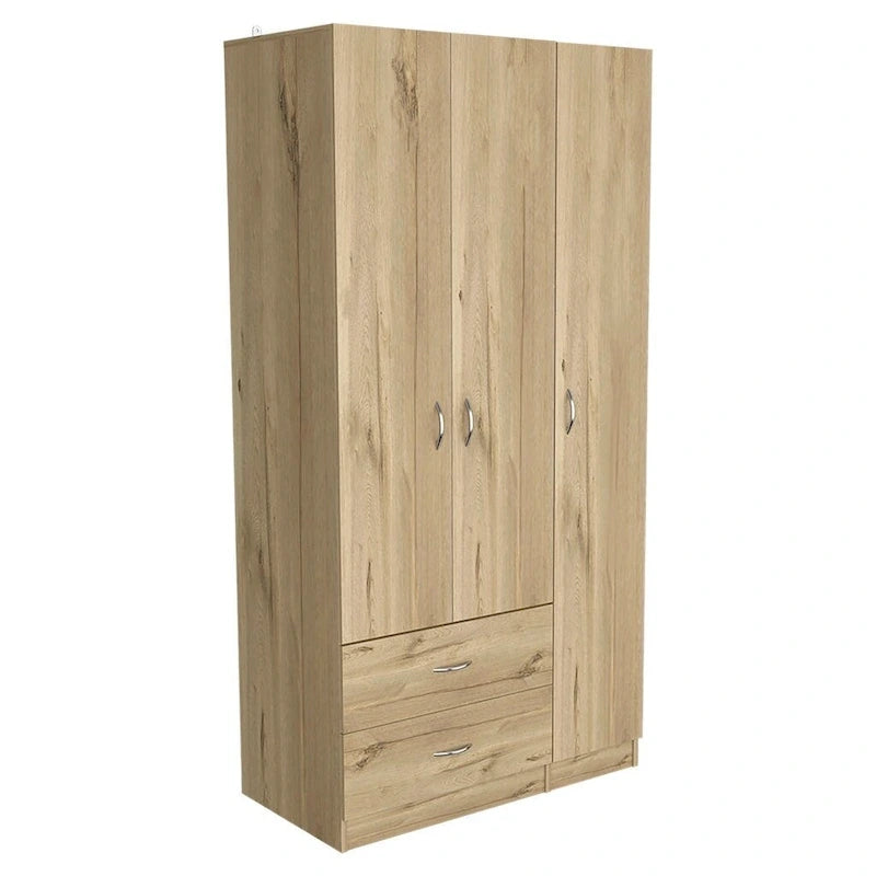 Armoire de rangement moderne à trois portes blanche/beige avec tringle à vêtements - Usage unique