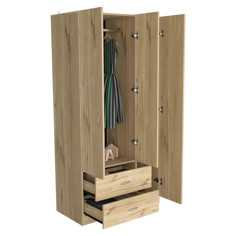 Armoire de rangement moderne à trois portes blanche/beige avec tringle à vêtements - Usage unique