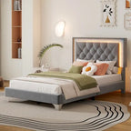 Lit en velours gris double avec lumières LED et tête de lit capitonnée - Usage unique