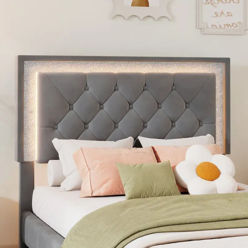 Lit en velours gris double avec lumières LED et tête de lit capitonnée - Usage unique