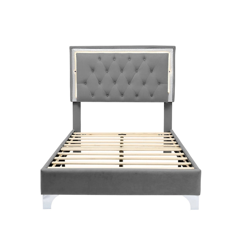 Lit en velours gris double avec lumières LED et tête de lit capitonnée - Usage unique