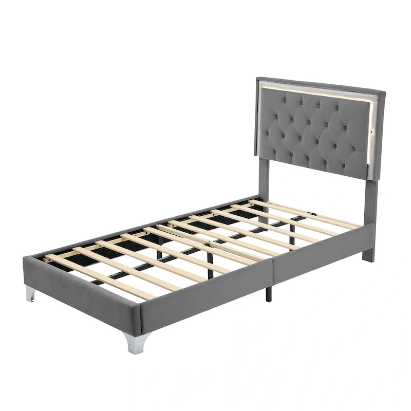 Lit en velours gris double avec lumières LED et tête de lit capitonnée - Usage unique