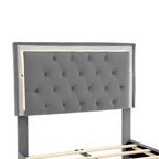 Lit en velours gris double avec lumières LED et tête de lit capitonnée - Usage unique