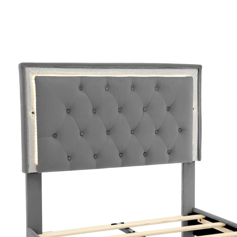 Lit en velours gris double avec lumières LED et tête de lit capitonnée - Usage unique