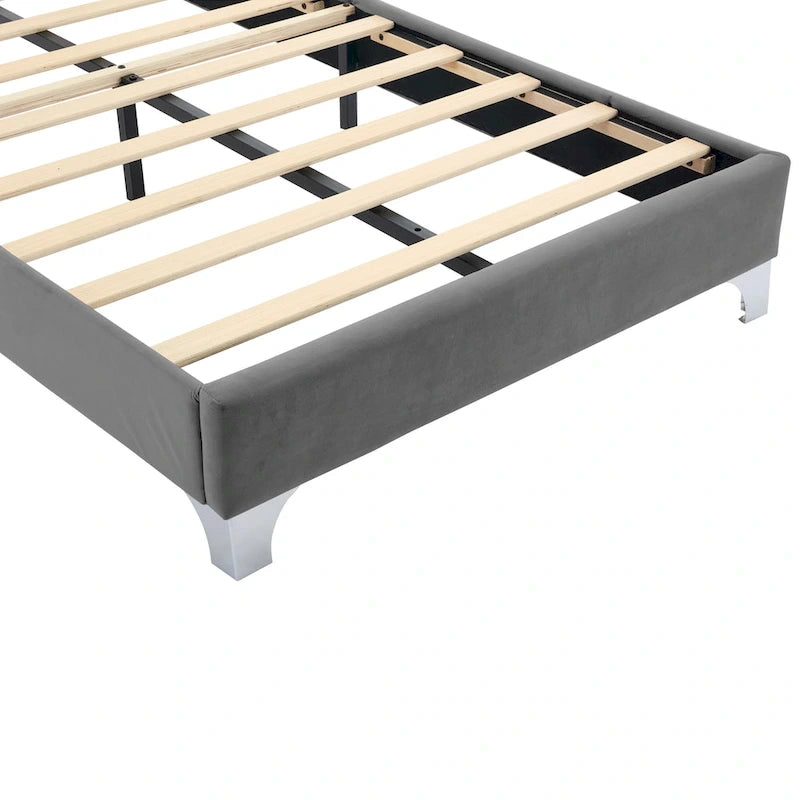 Lit en velours gris double avec lumières LED et tête de lit capitonnée - Usage unique