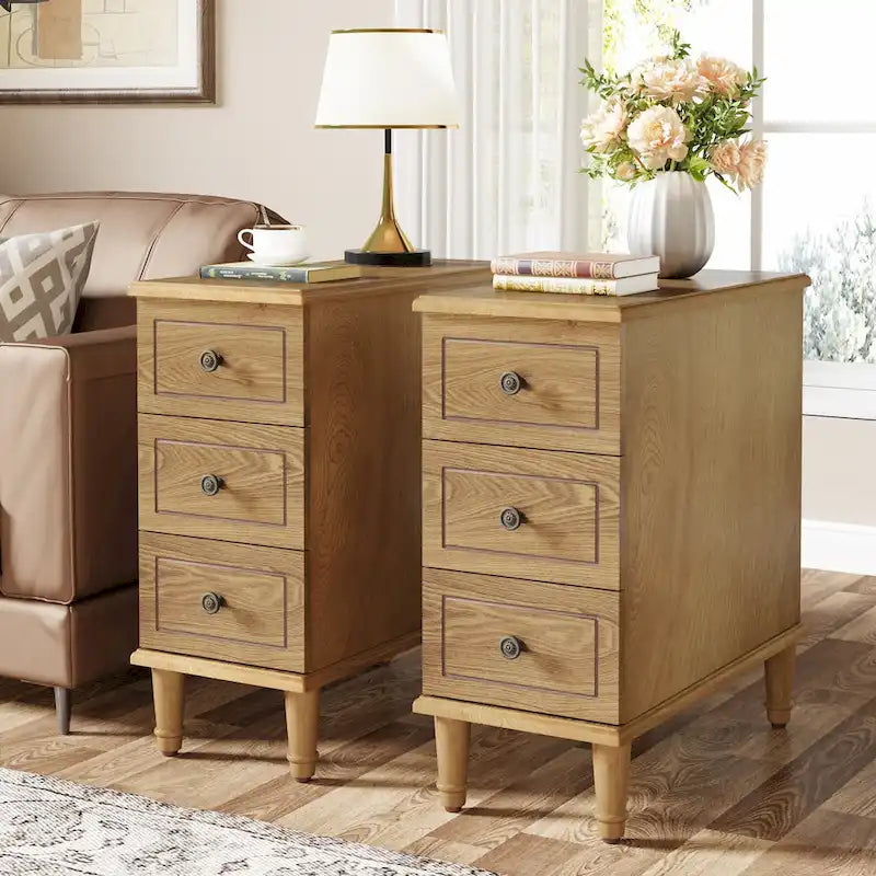 Wood End Table, Fully Assembled Narrow Side Table with 3 Drawers