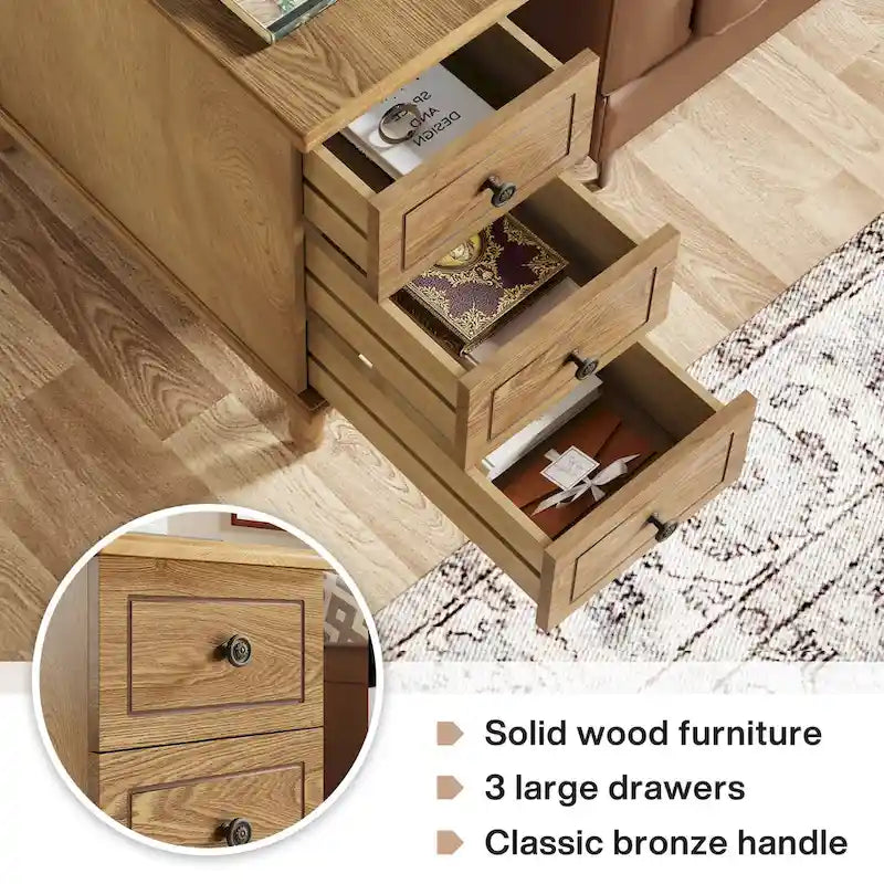Table d'appoint étroite en bois massif marron foncé/noir/marron clair avec 3 tiroirs - Usage unique