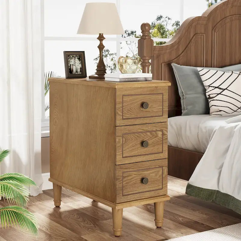 Table d'appoint étroite en bois massif marron foncé/noir/marron clair avec 3 tiroirs - Usage unique