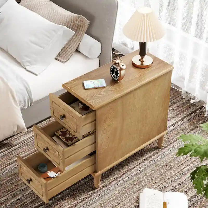 Table d'appoint étroite en bois massif marron foncé/noir/marron clair avec 3 tiroirs - Usage unique